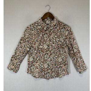 Cottagecore Villager Sport Women Medium Brown Floral Cotton Button Down Blouse